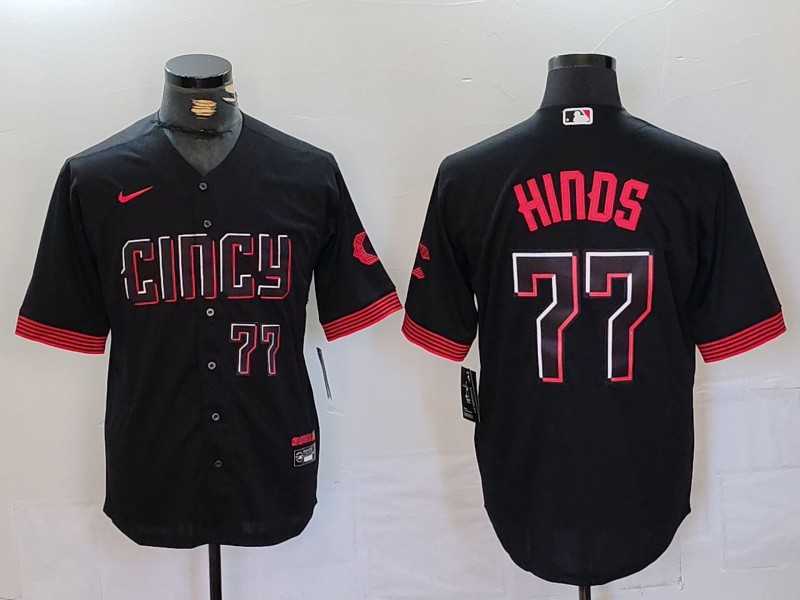 Mens Cincinnati Reds #77 Rece Hinds Number Black 2023 City Connect Cool Base Stitched Jersey